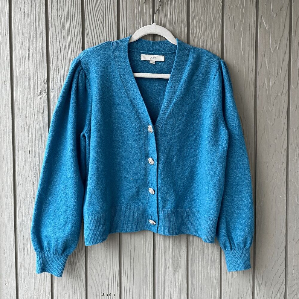 LOFT Blue Puff Sleeve Cardigan Large Rhinestone Buttons Coquette Balletcore